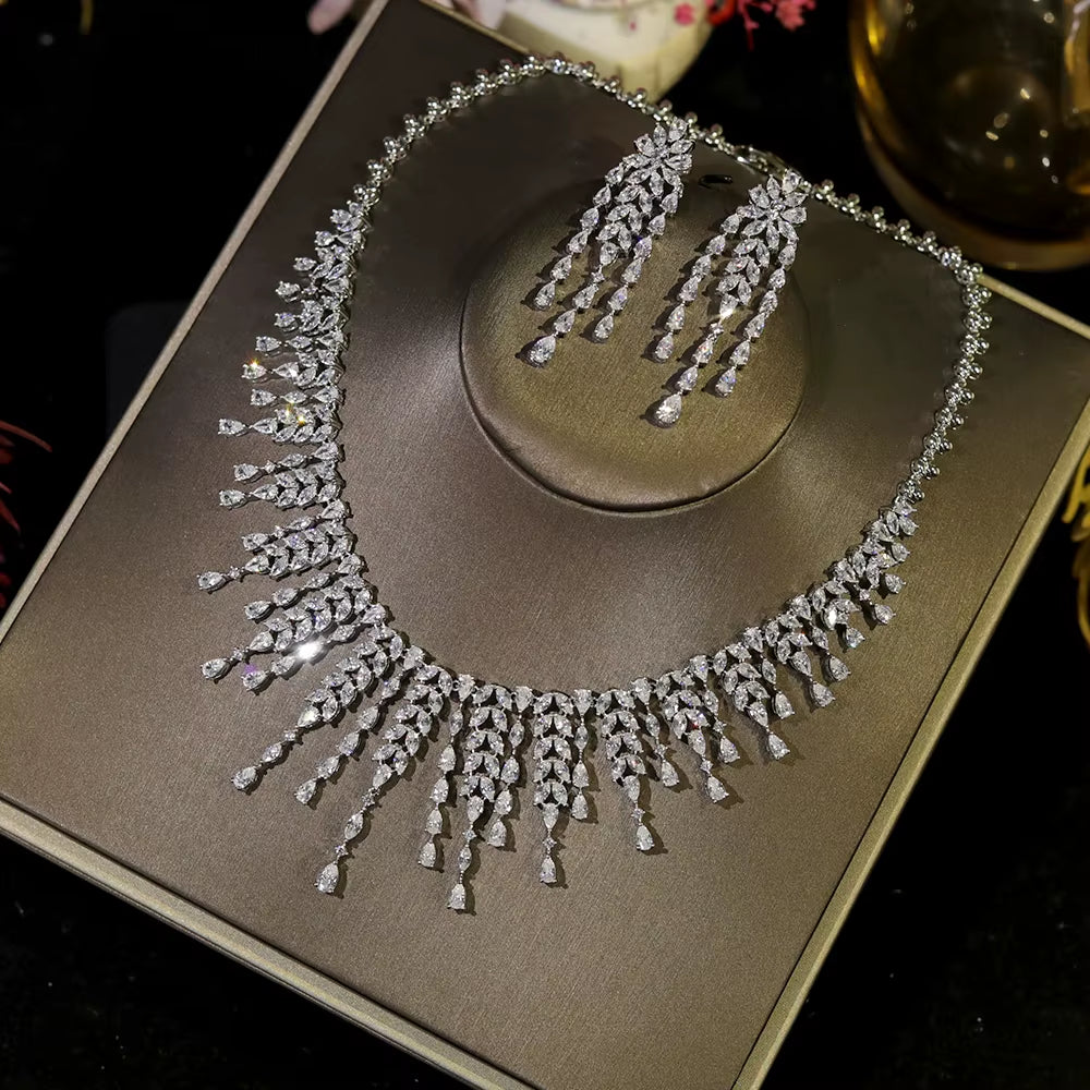 New CZ Design African Bridal Jewelry Set Fashion Leaf Shape Fringe Zircon Necklace 2-Piece Set Women'S Wedding Party Accessories (057)