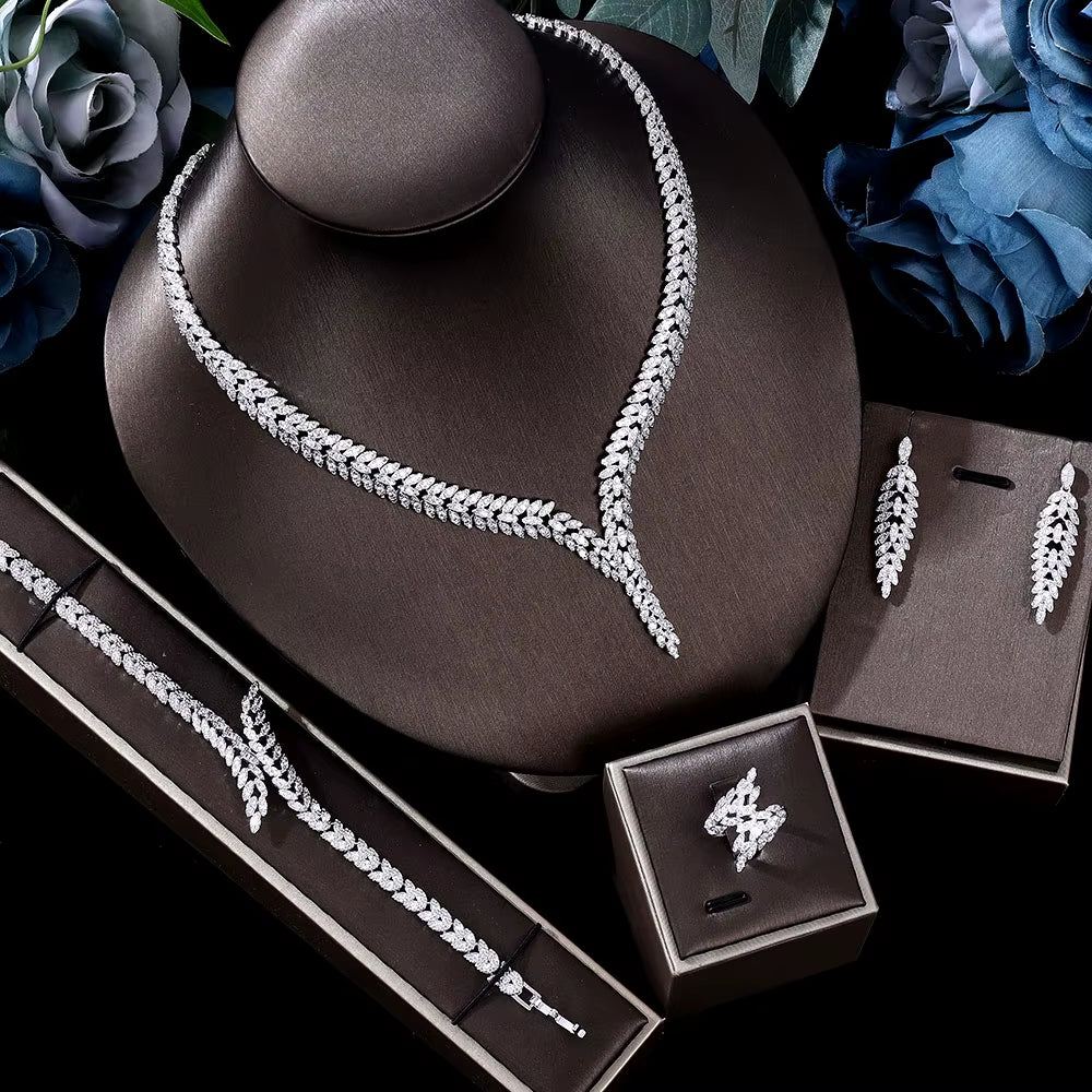 2023 New Hot 4 Piece Set Nigeria Bride Cubic Zirconia Dubai Necklace Bracelet Earrings CZ Crystal Wedding Jewelry Set
