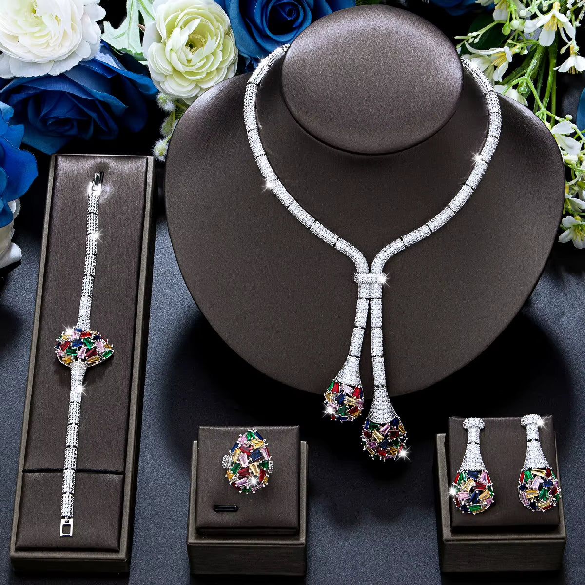 Luxury Wedding Jewelry Nigeria Designed Cubic Zirconia Large Bridal Necklace Earring Set, Suitable for Women'S Jewelry (044)