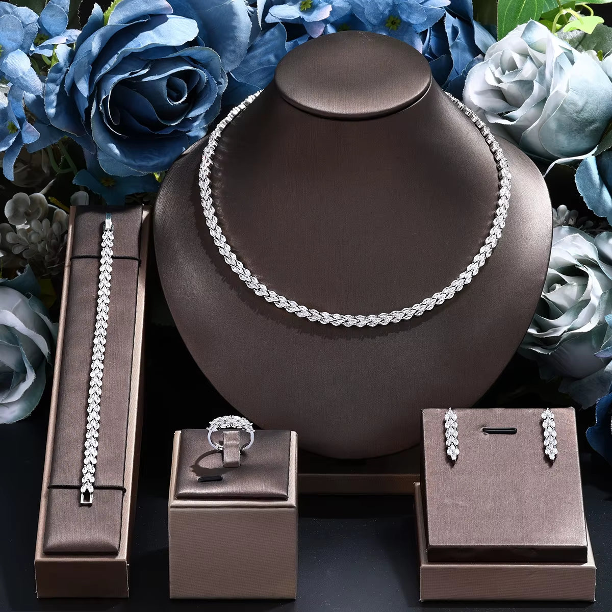 Famous Brand 4Pcs Bridal Zirconia Full Jewelry Sets for Women Party, Dubai Nigeria CZ Crystal Wedding Jewelry Sets (080)