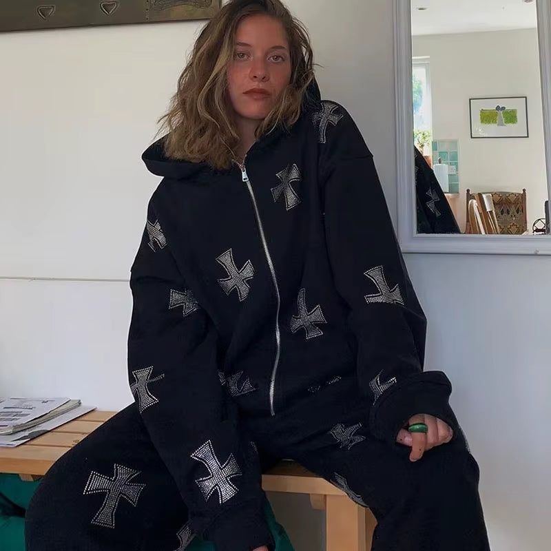 Women'S Fashion Rhinestone Cross Print Y2K Zip up Hoodies E-Girl 90S Vintage Long Sleeve Coat Oversized Gothic Jacket Autumn Top