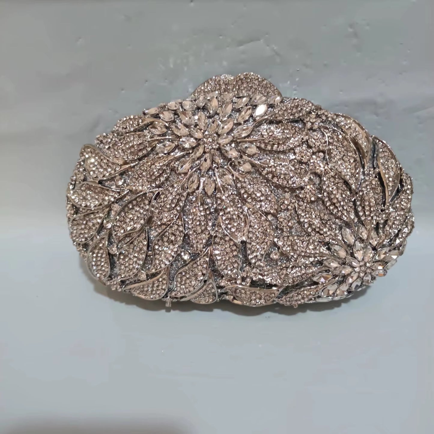 Gold Metal Leaves White Crystals Evening Clutch Bags Luxury Women Wedding Party Purse Ball Handbags Rhinestone Mini Minaudiere (070)