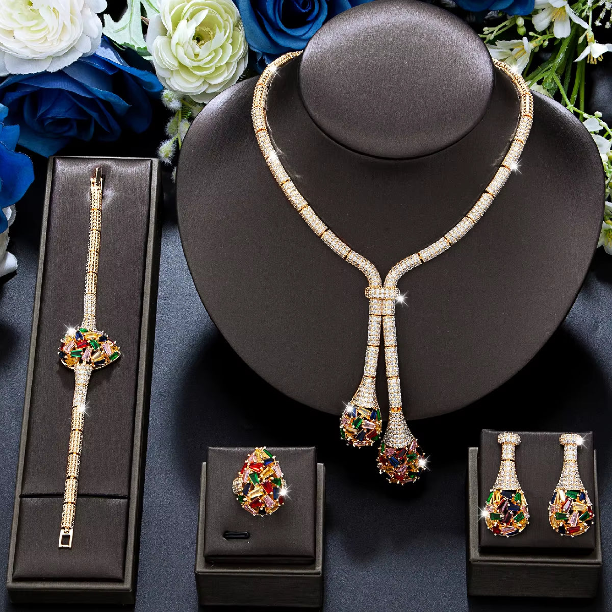 Luxury Wedding Jewelry Nigeria Designed Cubic Zirconia Large Bridal Necklace Earring Set, Suitable for Women'S Jewelry (044)