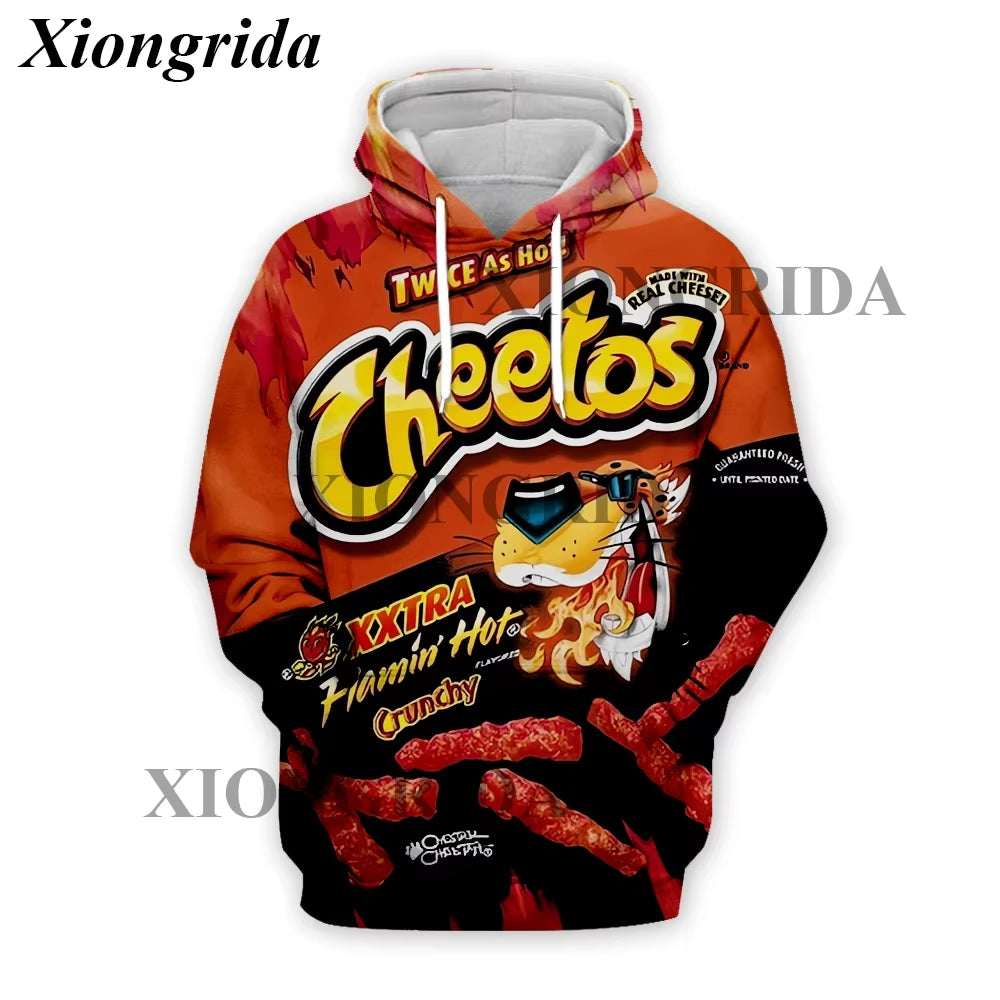 Novelty Hot Cheetos Food Puffs Hoodies 3D Printed Mens Sweatshirt Harajuku All over Print Unisex Pullover Hood Casual Top S-5XL