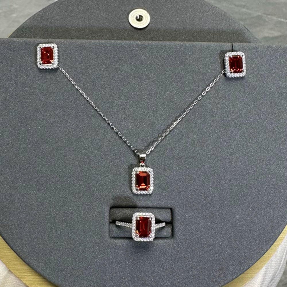 5*7 MM Emerald Cut Ruby High Carbon Diamond Gemstone Necklaces Pendant 100% 925 Sterling Silver Fine Jewelry Wholesale (087)