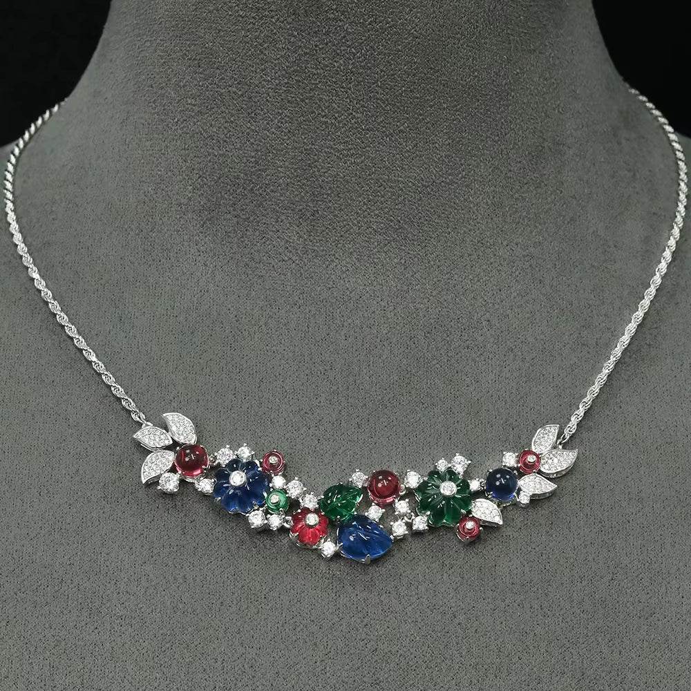 Vintage 925 Sterling Silver Sapphire Ruby Emerald High Carbon Diamonds Gemstone Cocktail Pendant Necklaces Fine Jewelry (082)