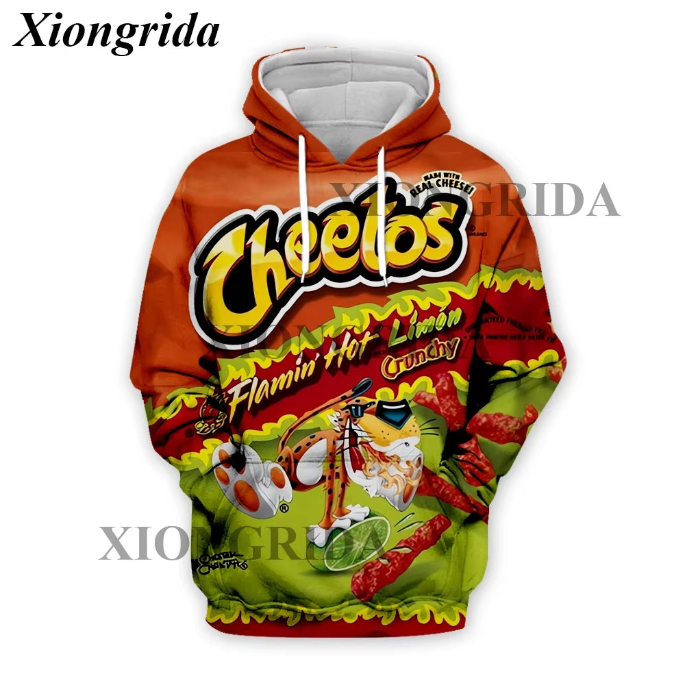 Novelty Hot Cheetos Food Puffs Hoodies 3D Printed Mens Sweatshirt Harajuku All over Print Unisex Pullover Hood Casual Top S-5XL