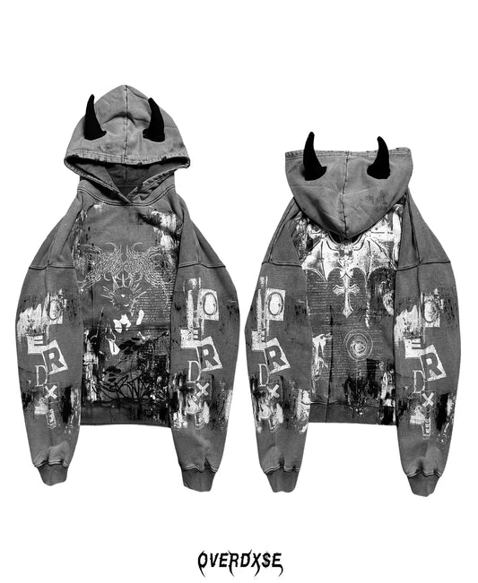 Overdxse Devil Horn Hoodie Gothic Street Clothing Oversized Pullover Unique Horn Design Avant-Garde Fashion Limited Edition