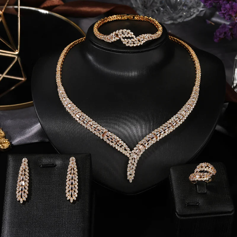 Classic Rectangular Cubic Zirconia Wedding Necklace and Earring Set Dubai Nigeria CZ Bridal Jewelry Set (070)
