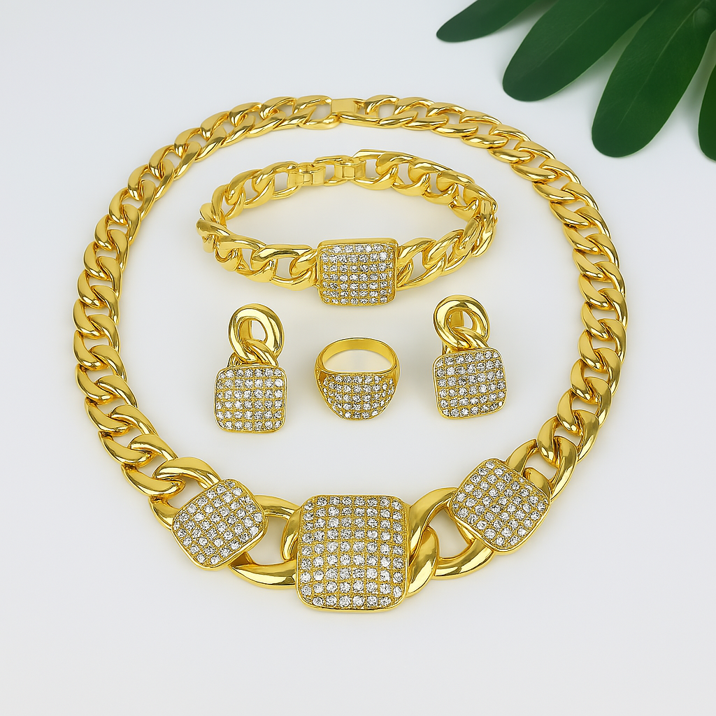 TITI Vintage Women Necklace Bracelet Earring Ring Jewelry Set Minimalist Style Fashion 18K Gold Plated Party Jewelry (035)