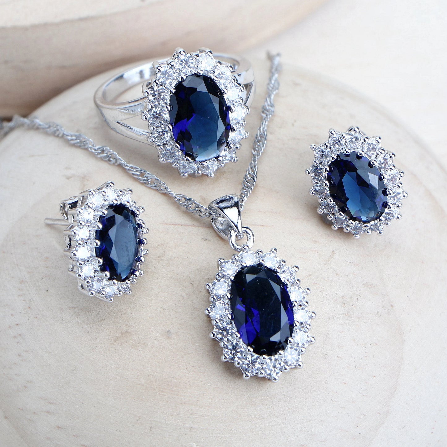 Silver 925 Women Bridal Jewelry Sets Blue Zirconia Costume Fine Jewellery Wedding Necklace Earrings Rings Bracelets Pendant Set (151)