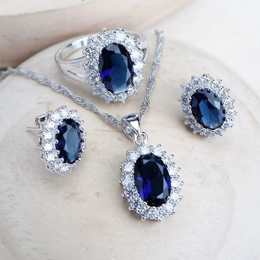 Silver 925 Women Bridal Jewelry Sets Blue Zirconia Costume Fine Jewellery Wedding Necklace Earrings Rings Bracelets Pendant Set (151)