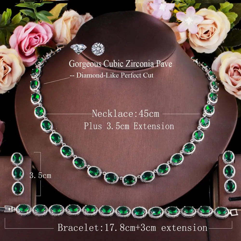 Threegraces 3Pcs High Quality Green Cubic Zirconia Classic Silver Color African Women Wedding Party Costume Jewelry Sets TZ562 (110)