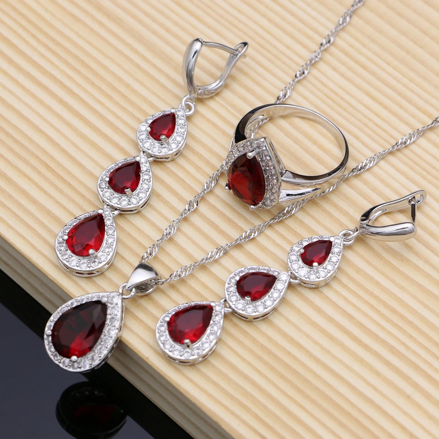 Water Drop Silver 925 Jewelry Red Ruby White Topaz Jewelry Sets Women Long Earrings/Pendant/Necklace/Rings/Bracelet Dropshipping (152)