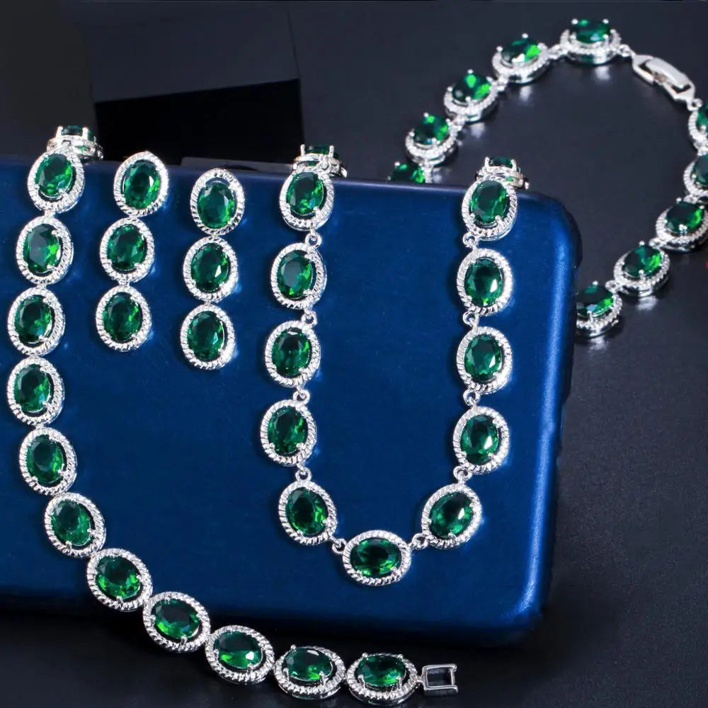 Threegraces 3Pcs High Quality Green Cubic Zirconia Classic Silver Color African Women Wedding Party Costume Jewelry Sets TZ562 (110)