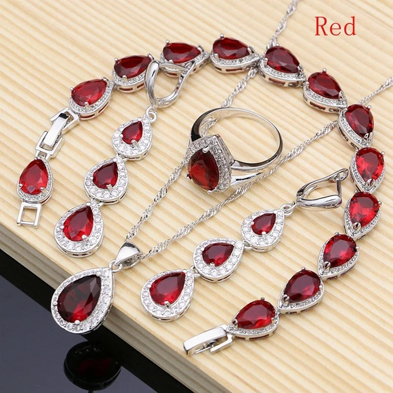Water Drop Silver 925 Jewelry Red Ruby White Topaz Jewelry Sets Women Long Earrings/Pendant/Necklace/Rings/Bracelet Dropshipping (152)