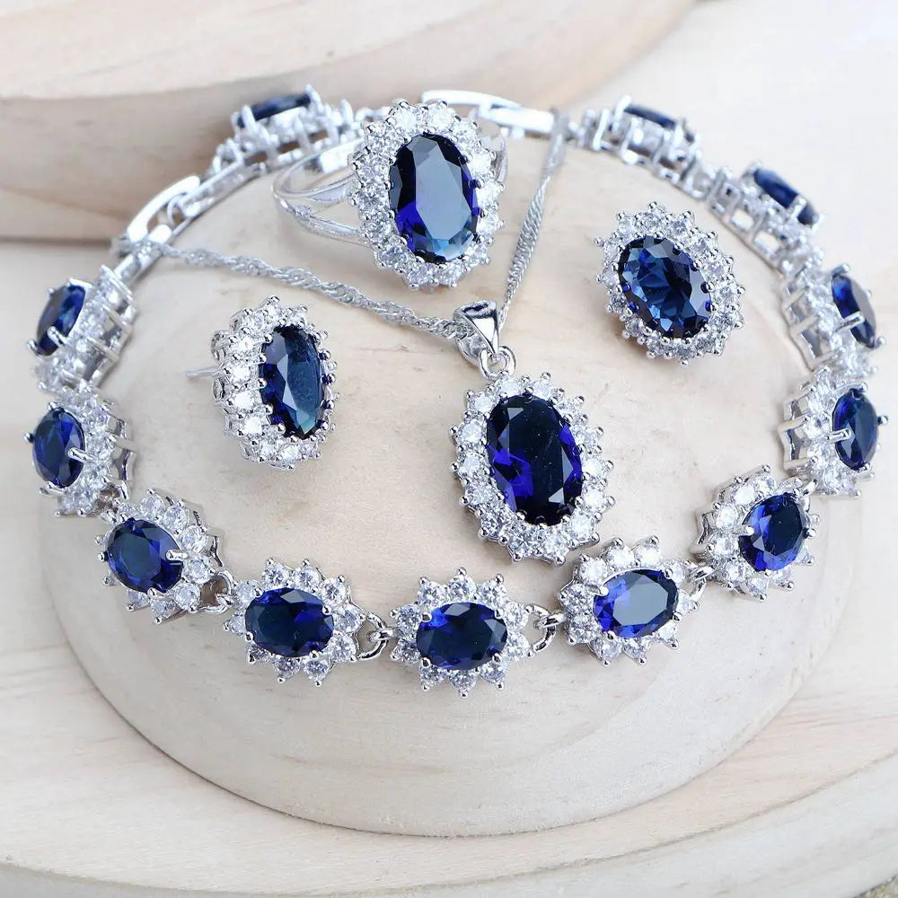 Silver 925 Women Bridal Jewelry Sets Blue Zirconia Costume Fine Jewellery Wedding Necklace Earrings Rings Bracelets Pendant Set (151)
