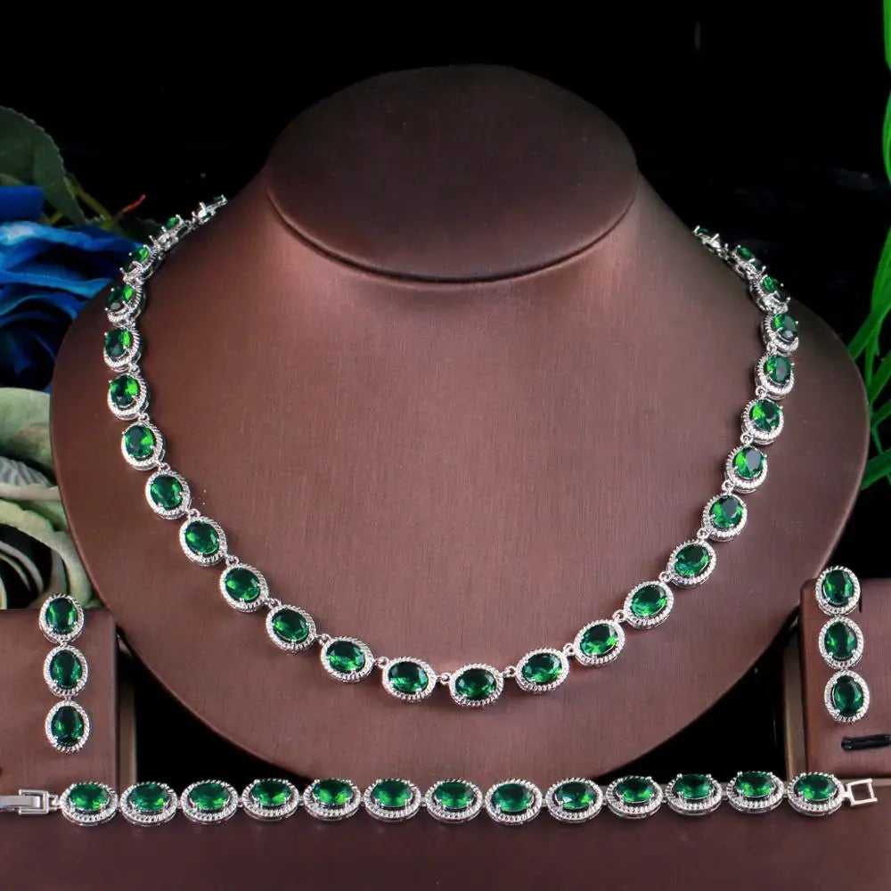 Threegraces 3Pcs High Quality Green Cubic Zirconia Classic Silver Color African Women Wedding Party Costume Jewelry Sets TZ562 (110)