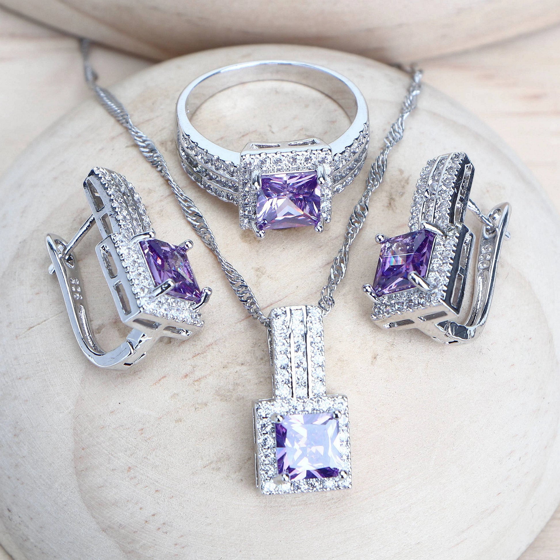 Purple Zirconia Women Bridal Jewelry Sets Silver 925 Fine Costume Jewellery Wedding Earrings Rings Bracelets Pendant Necklace (153)