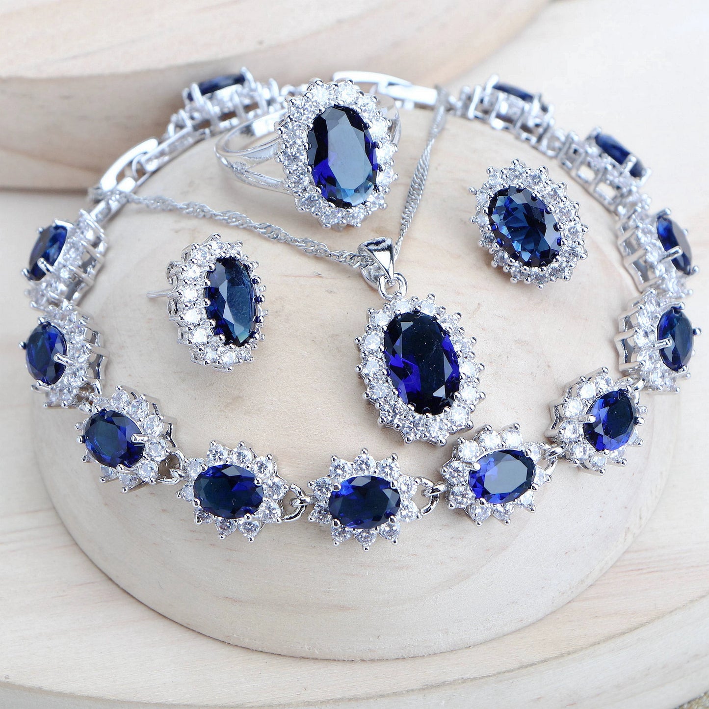 Silver 925 Women Bridal Jewelry Sets Blue Zirconia Costume Fine Jewellery Wedding Necklace Earrings Rings Bracelets Pendant Set (151)