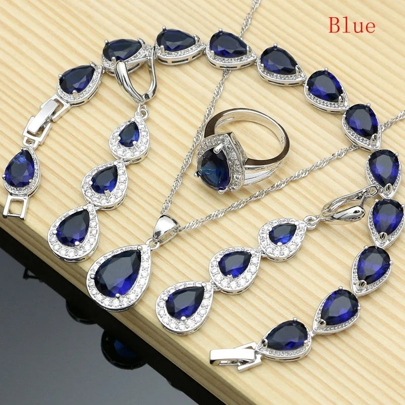 Water Drop Silver 925 Jewelry Red Ruby White Topaz Jewelry Sets Women Long Earrings/Pendant/Necklace/Rings/Bracelet Dropshipping (152)