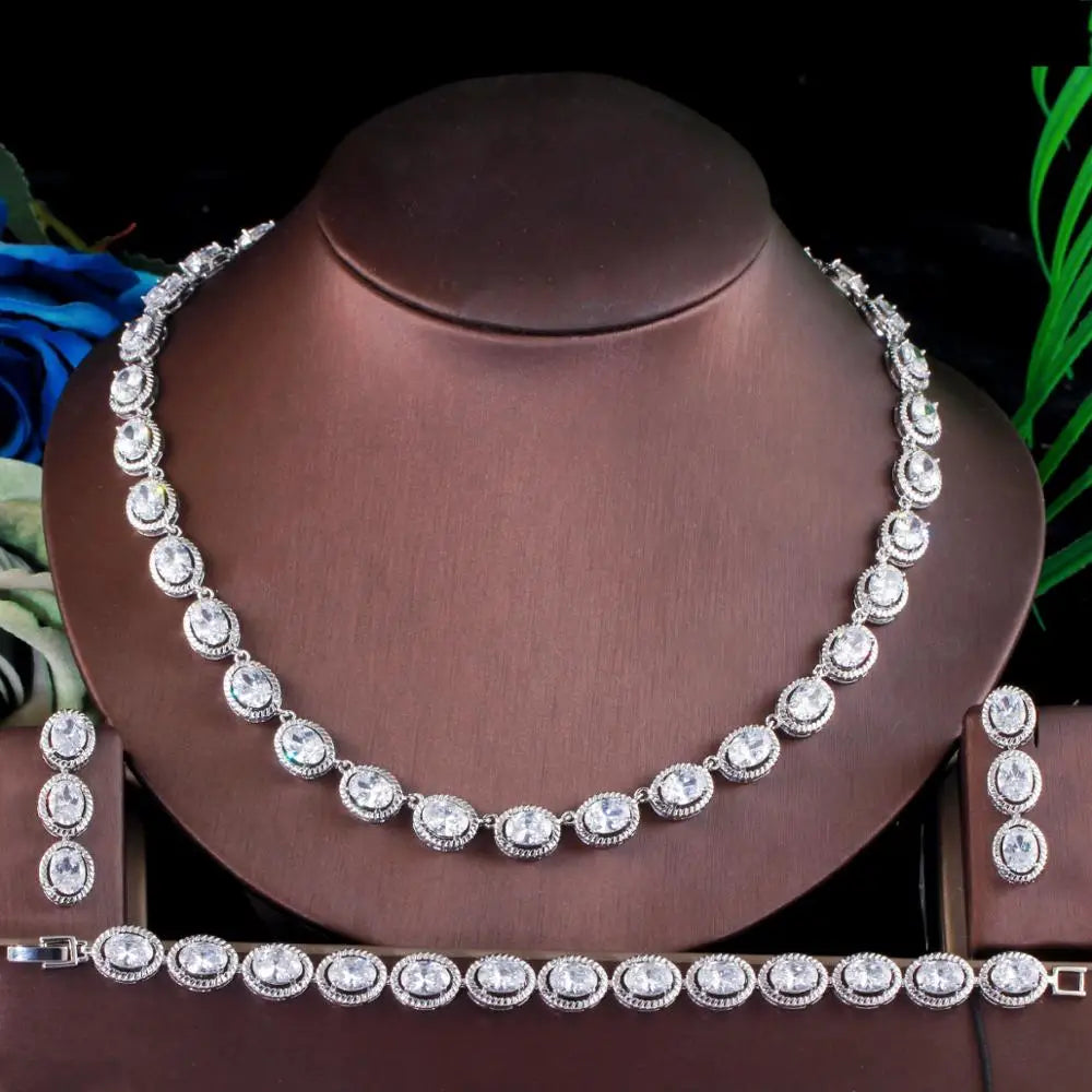 Threegraces 3Pcs High Quality Green Cubic Zirconia Classic Silver Color African Women Wedding Party Costume Jewelry Sets TZ562 (110)