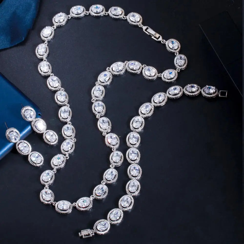 Threegraces 3Pcs High Quality Green Cubic Zirconia Classic Silver Color African Women Wedding Party Costume Jewelry Sets TZ562 (110)