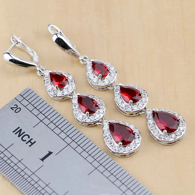 Water Drop Silver 925 Jewelry Red Ruby White Topaz Jewelry Sets Women Long Earrings/Pendant/Necklace/Rings/Bracelet Dropshipping (152)