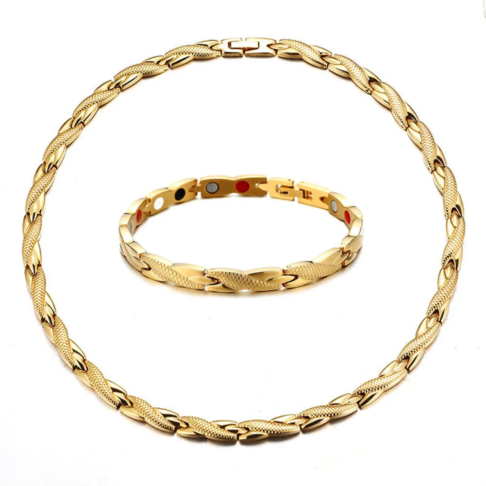 Health Energy Magnetic Jewelry Sets for Men Stainless Steel Chain Link Infrared Germanium Arthritis Care Bracelet and Necklace (052)