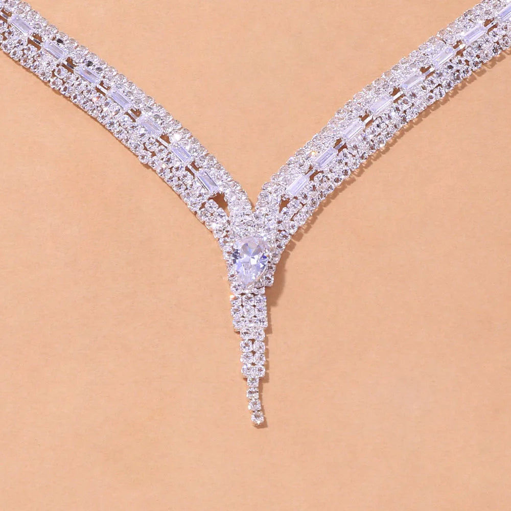 Stonefans Silver Color Geometric Rhinestone Bridal Jewelry Set Women Hollow Zircon Necklace Earring Bracelet Ring Set Party Gift (144)