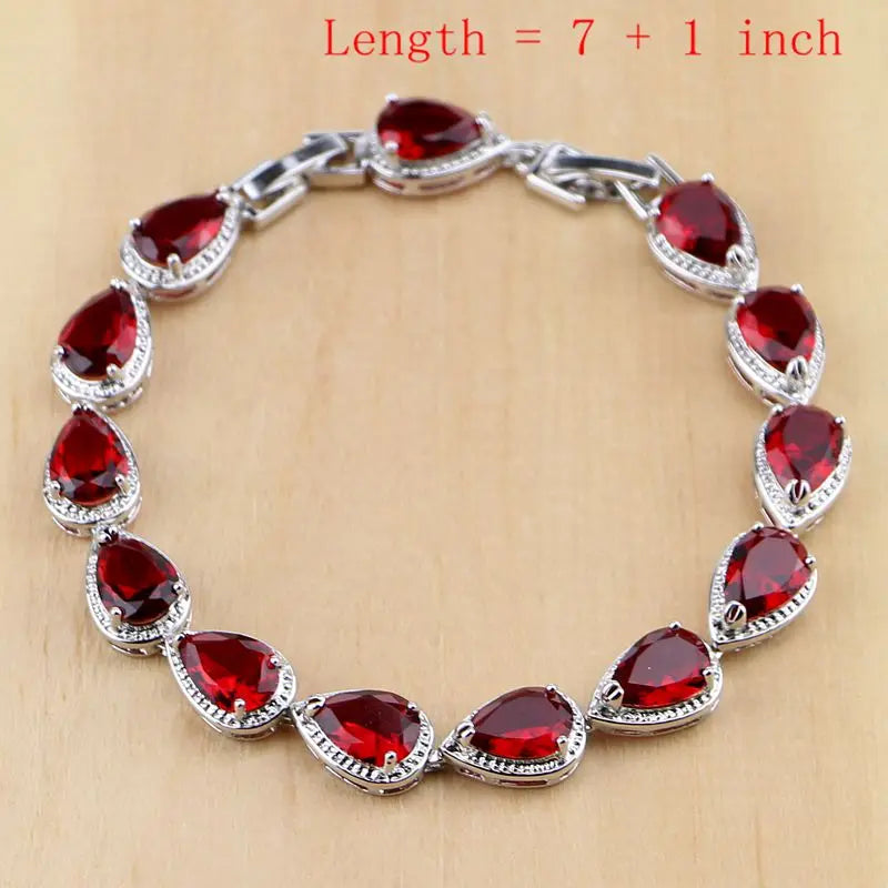 Water Drop Silver 925 Jewelry Red Ruby White Topaz Jewelry Sets Women Long Earrings/Pendant/Necklace/Rings/Bracelet Dropshipping (152)