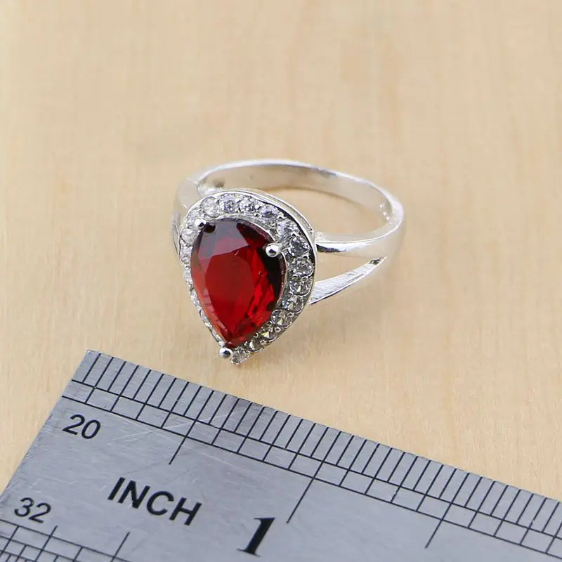 Water Drop Silver 925 Jewelry Red Ruby White Topaz Jewelry Sets Women Long Earrings/Pendant/Necklace/Rings/Bracelet Dropshipping (152)