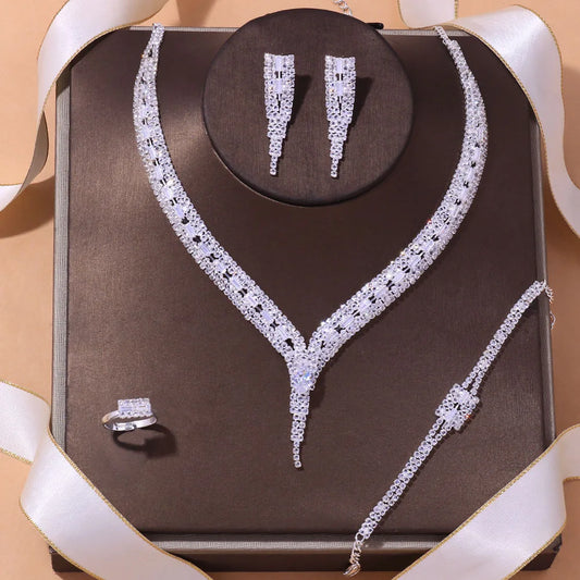 Stonefans Silver Color Geometric Rhinestone Bridal Jewelry Set Women Hollow Zircon Necklace Earring Bracelet Ring Set Party Gift (144)