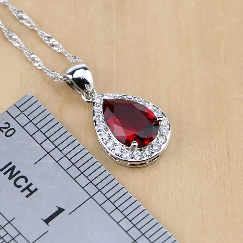 Water Drop Silver 925 Jewelry Red Ruby White Topaz Jewelry Sets Women Long Earrings/Pendant/Necklace/Rings/Bracelet Dropshipping (152)