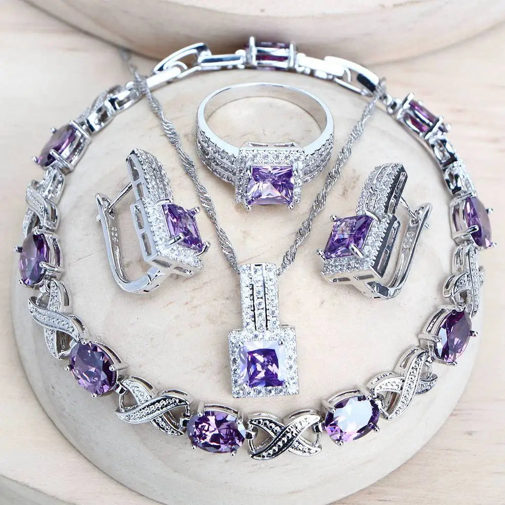 Purple Zirconia Women Bridal Jewelry Sets Silver 925 Fine Costume Jewellery Wedding Earrings Rings Bracelets Pendant Necklace (153)