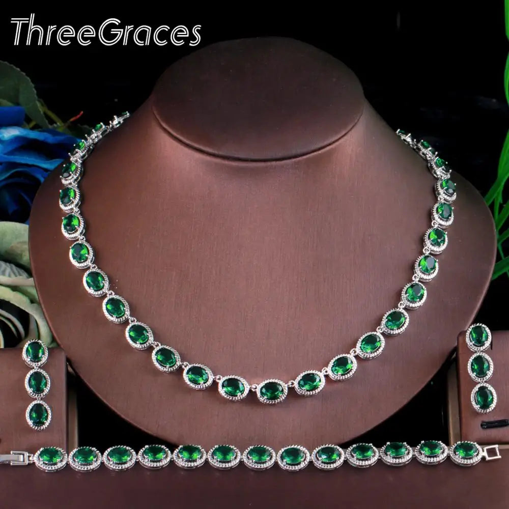 Threegraces 3Pcs High Quality Green Cubic Zirconia Classic Silver Color African Women Wedding Party Costume Jewelry Sets TZ562 (110)