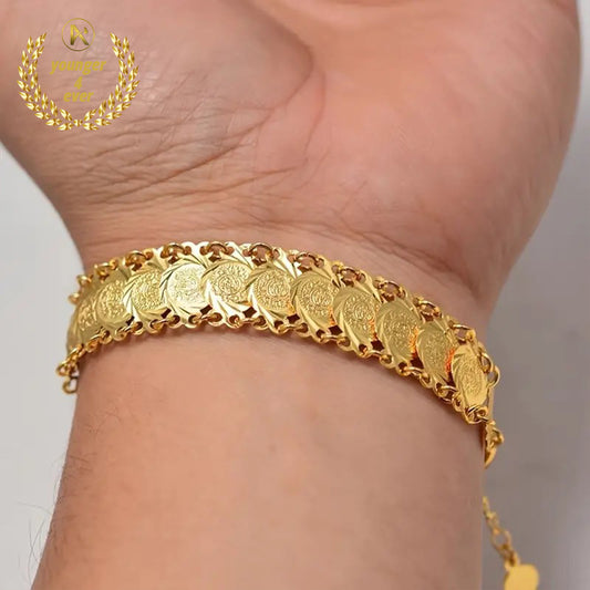 Luxurious Copper Golden Plated Coin Pattern Handmade Bracelet