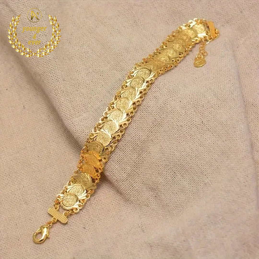 Luxurious Copper Golden Plated Coin Pattern Handmade Bracelet