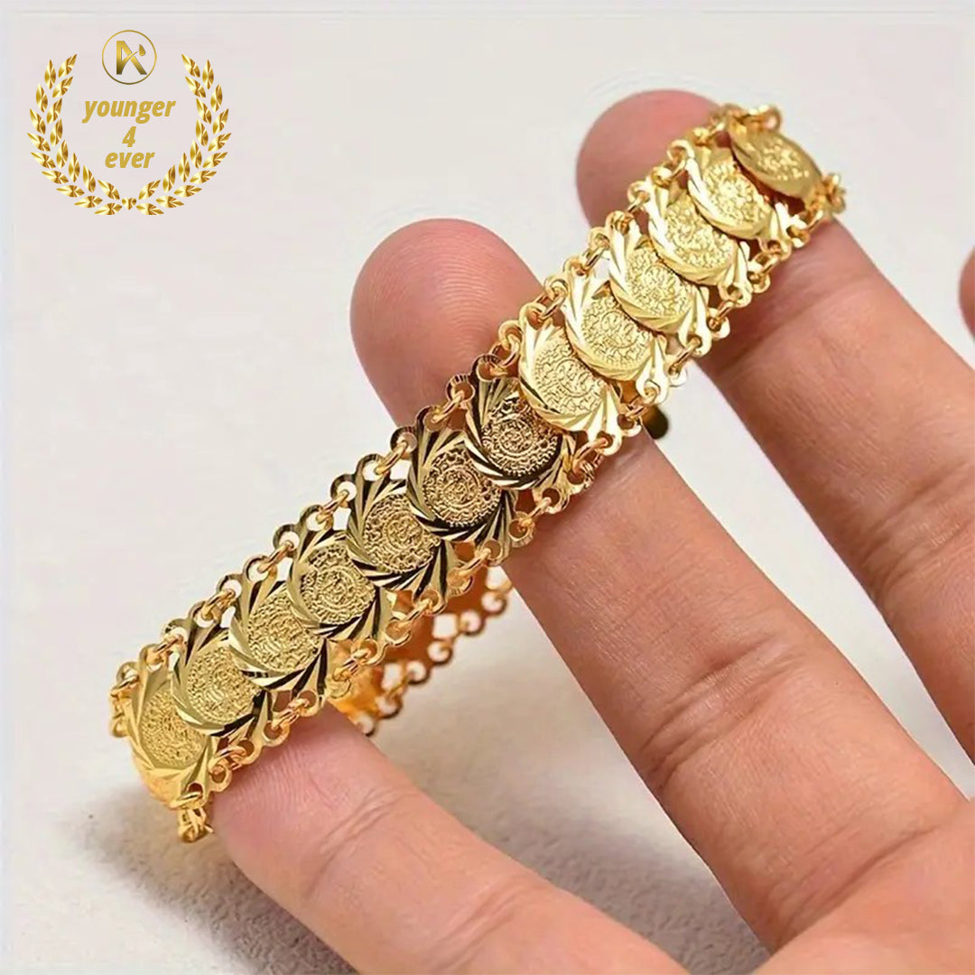 Luxurious Copper Golden Plated Coin Pattern Handmade Bracelet