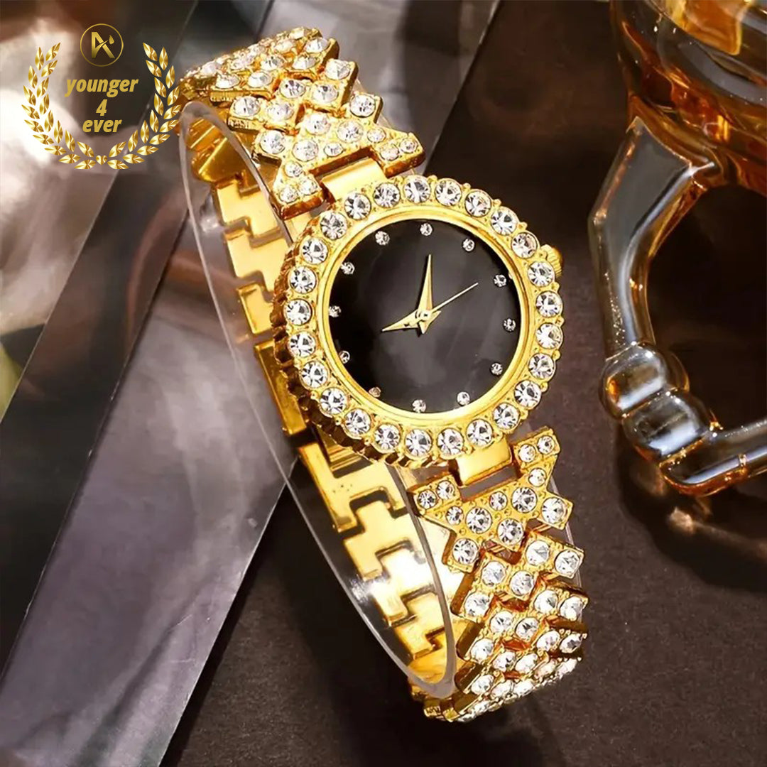 Golden Round Rhinestone Quartz Watch Set