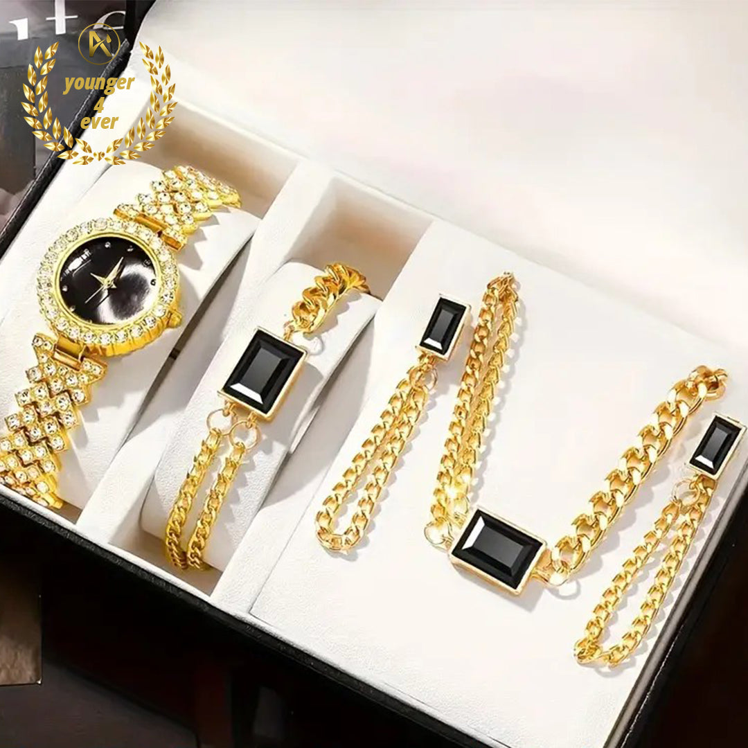 Golden Round Rhinestone Quartz Watch Set
