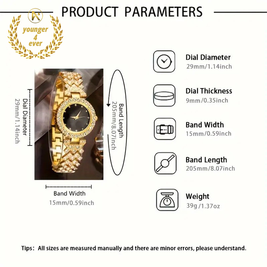 Golden Round Rhinestone Quartz Watch Set