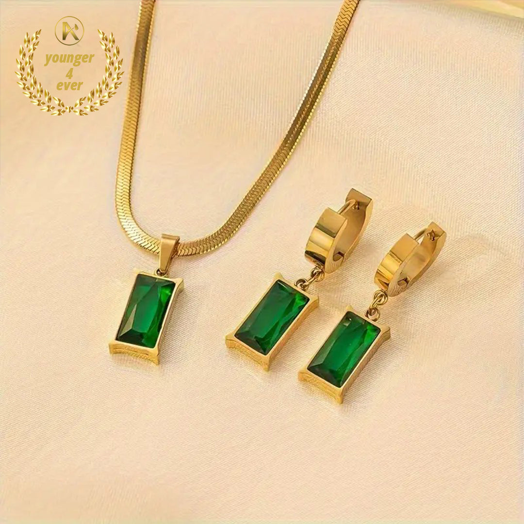 Golden Stainless Steel Flat Chain Square Necklace Earrings