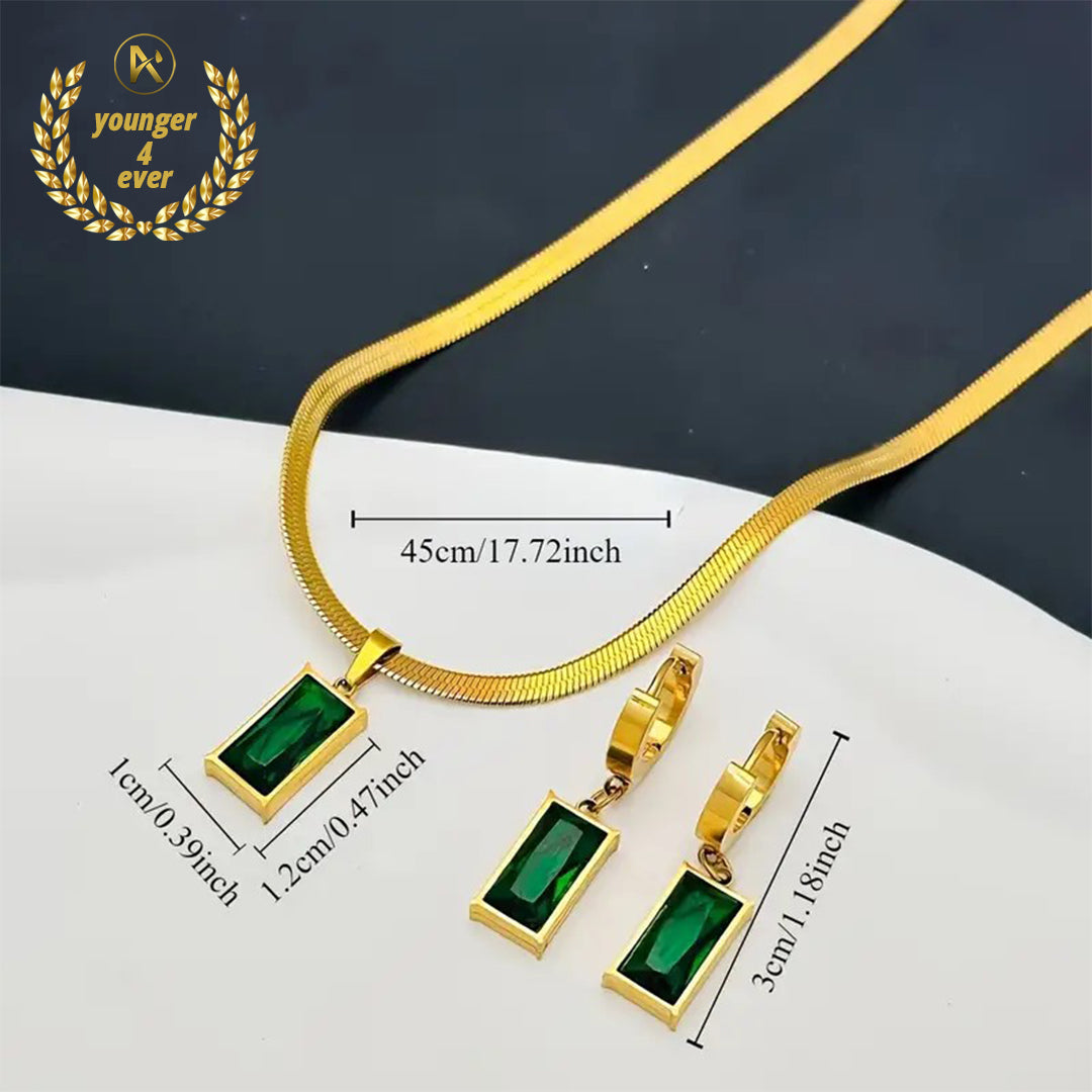 Golden Stainless Steel Flat Chain Square Necklace Earrings