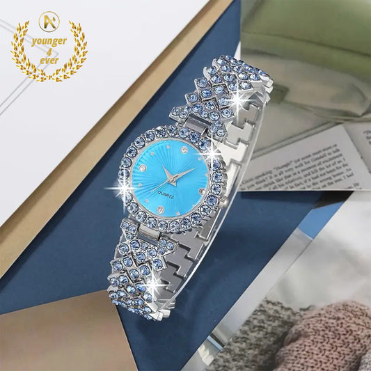 Stunning Blue Round Rhinestone Accented Quartz Watch Set