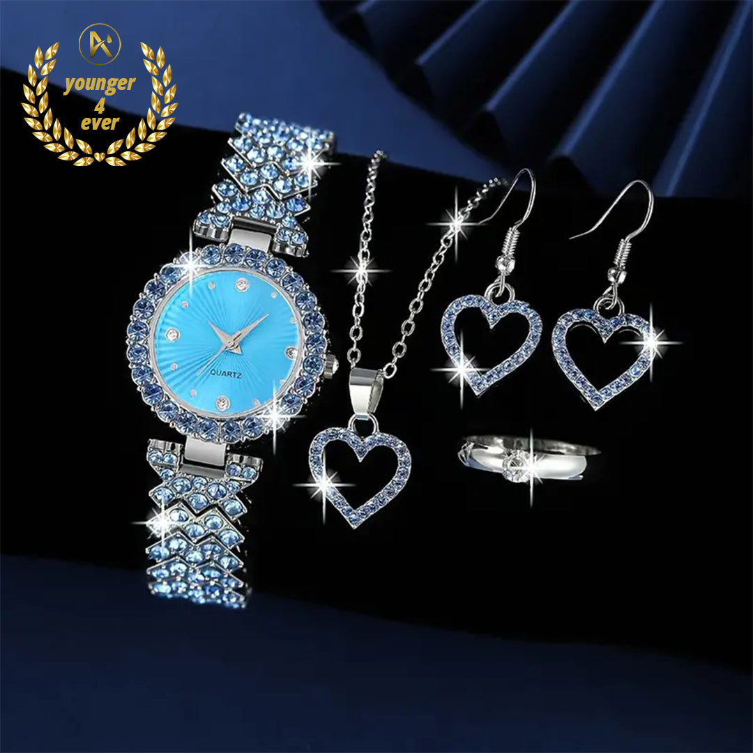 Stunning Blue Round Rhinestone Accented Quartz Watch Set