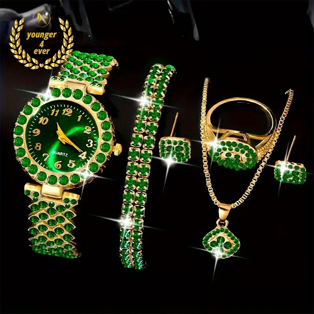 Glamorous 6pcs Women's Quartz Watch & Rhinestone Jewelry Set
