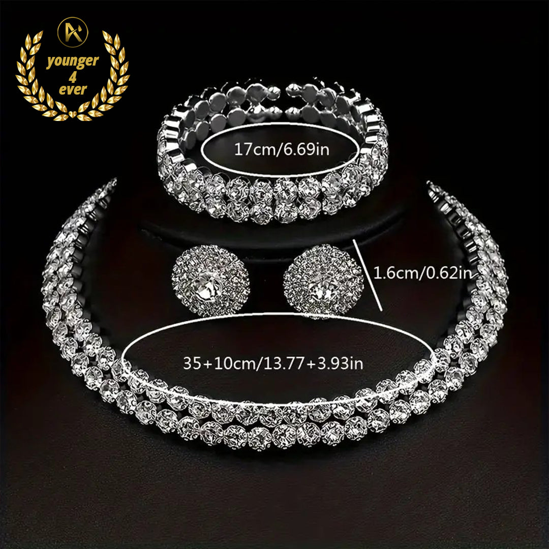 Jewelry Trio Set - Shimmering Rhinestone Silver Plated Earrings