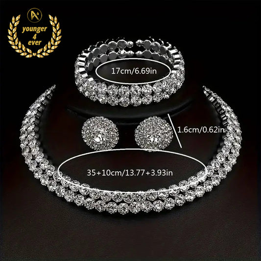 Jewelry Trio Set - Shimmering Rhinestone Silver Plated Earrings