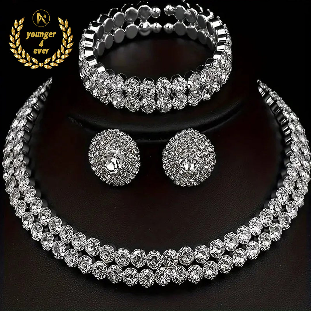 Jewelry Trio Set - Shimmering Rhinestone Silver Plated Earrings